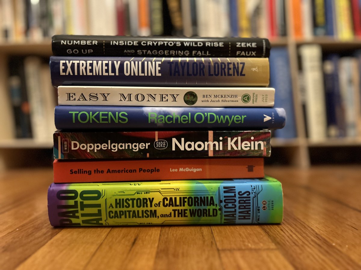 This year was unusually stuffed with great books about tech + society, so I considered myself contractually obligated to generate some best-of list content about it 10 essential tech books of 2023, including @BigMeanInternet's Palo Alto, @NaomiAKlein's Dopelganger + lots others: