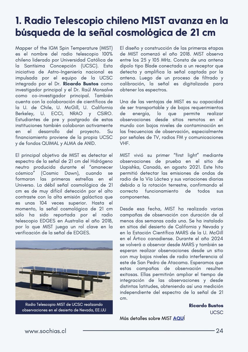 Lab_Astro_UCSC's tweet image. Aparecimos en el Newsletter de SOCHIAS! 🌟 Proyecto de Astro-Ingeniería nacional MIST. Radio telescopio 100% chileno de @ucscconcepcion en la búsqueda de la señal cosmológica de 21 cm. Más detalles de MIST en arxiv.org/abs/2309.02996