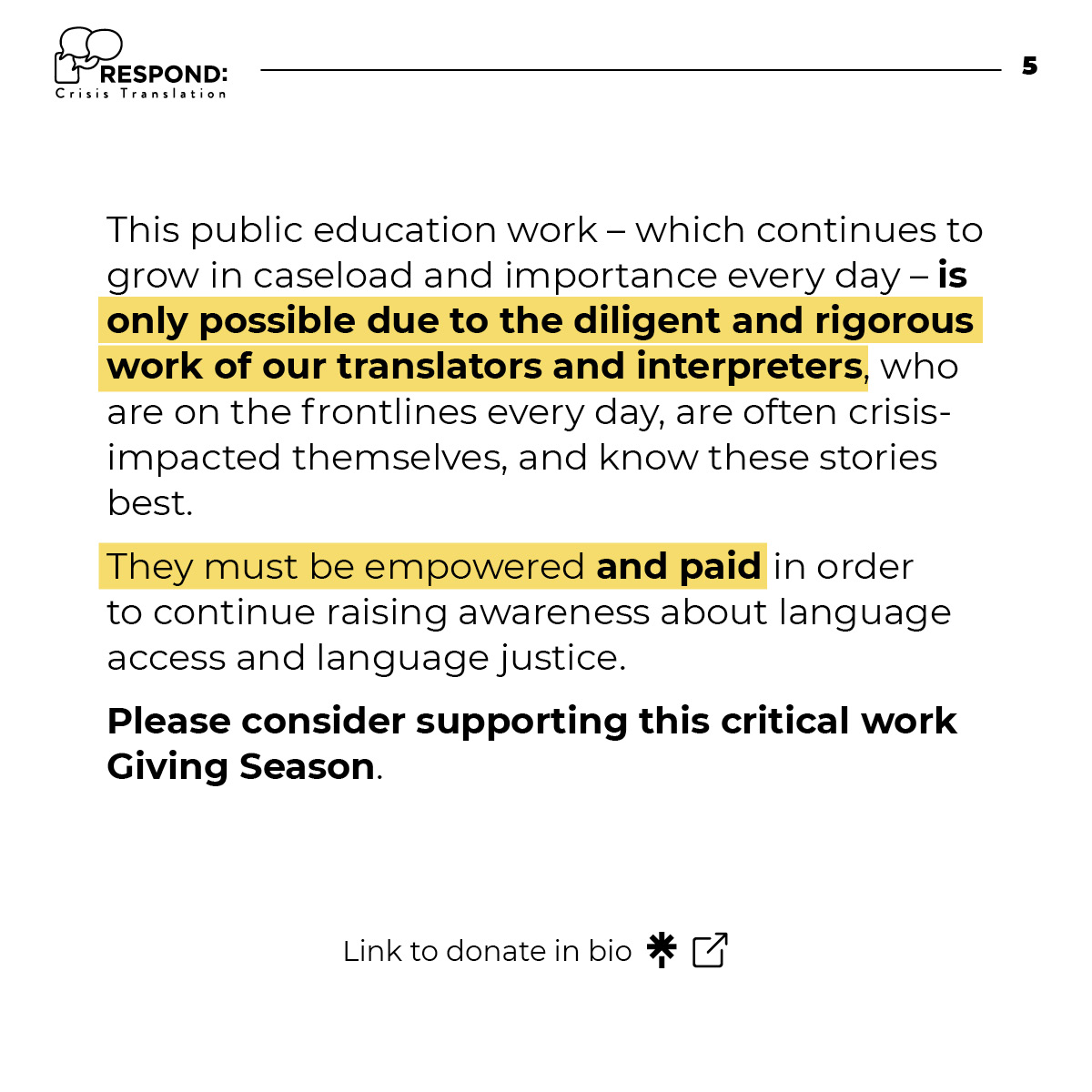 RespondCrisis's tweet image. In 2023, Respond has been a force for language justice, highlighting access issues globally. From the US-Mexico border to Gaza, we’re tackling language gaps in media coverage. Join us this #Givingseason to empower and pay our translators for their crucial work.  #Languagejustice