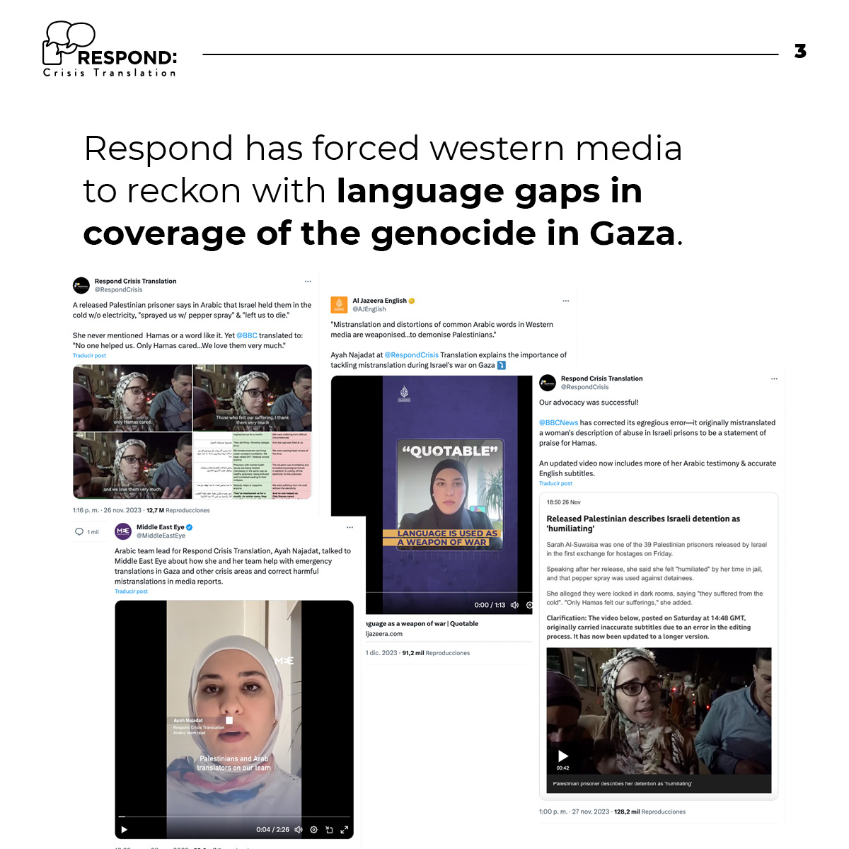 RespondCrisis's tweet image. In 2023, Respond has been a force for language justice, highlighting access issues globally. From the US-Mexico border to Gaza, we’re tackling language gaps in media coverage. Join us this #Givingseason to empower and pay our translators for their crucial work.  #Languagejustice