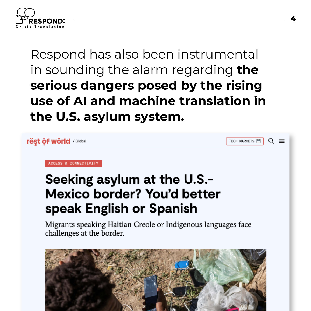 RespondCrisis's tweet image. In 2023, Respond has been a force for language justice, highlighting access issues globally. From the US-Mexico border to Gaza, we’re tackling language gaps in media coverage. Join us this #Givingseason to empower and pay our translators for their crucial work.  #Languagejustice