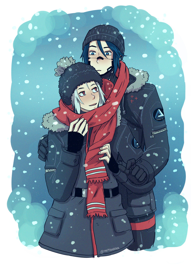 shared clothes scarf hat blue hair red scarf snowing blue eyes  illustration images