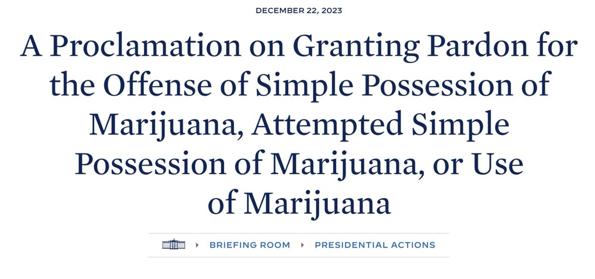 This is HUGE! Biden Pardons any federal simple possession of Marijuana and Marijuana use convictions. Some people are serving long sentences for these crimes. Thank you Joe Biden. Now let's see the States act as well. No one should be in jail or prison 'solely due to the…