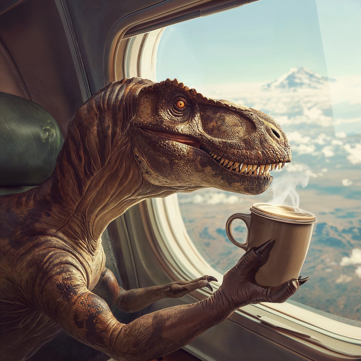 Everyone has a default prompt they use to try new text-to-image models, here is mine: 'A t-rex on a plane drinking a cappuccino' - Midjourney 6, @Magnific_AI upscale