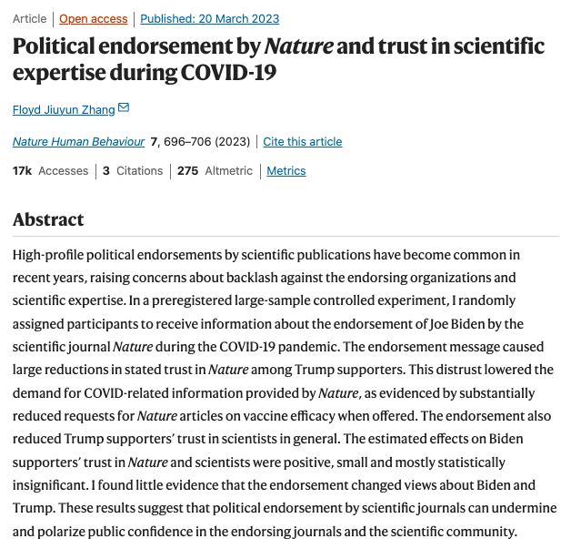 Nature's endorsement of Biden in 2020 only served to create distrust among conservatives toward the publication. It did not impact the election. To serve the public good, scientific institutions need to be nonpartisan. It is incredibly frustrating that I have to write this.