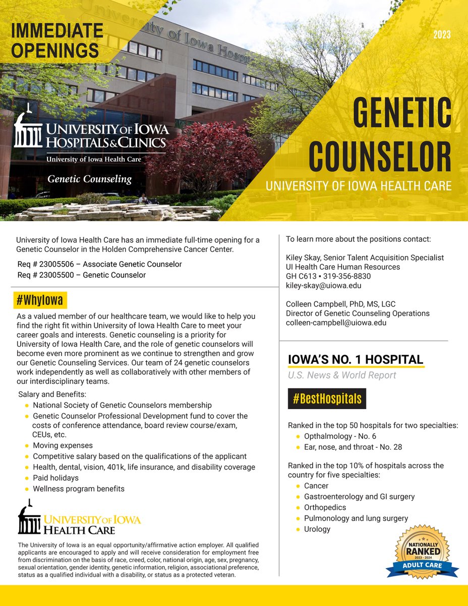 Colleen A. Campbell (@ccampbell49) on Twitter photo We're hiring! We have an immediate opening for a genetic counselor in the <a href="/UIowaCancer/">UI Holden Comprehensive Cancer Center</a>  at the <a href="/uihealthcare/">University of Iowa Health Care</a> . We're hiring! We have an immediate opening for a genetic counselor in the <a href="/UIowaCancer/">UI Holden Comprehensive Cancer Center</a>  at the <a href="/uihealthcare/">University of Iowa Health Care</a> .