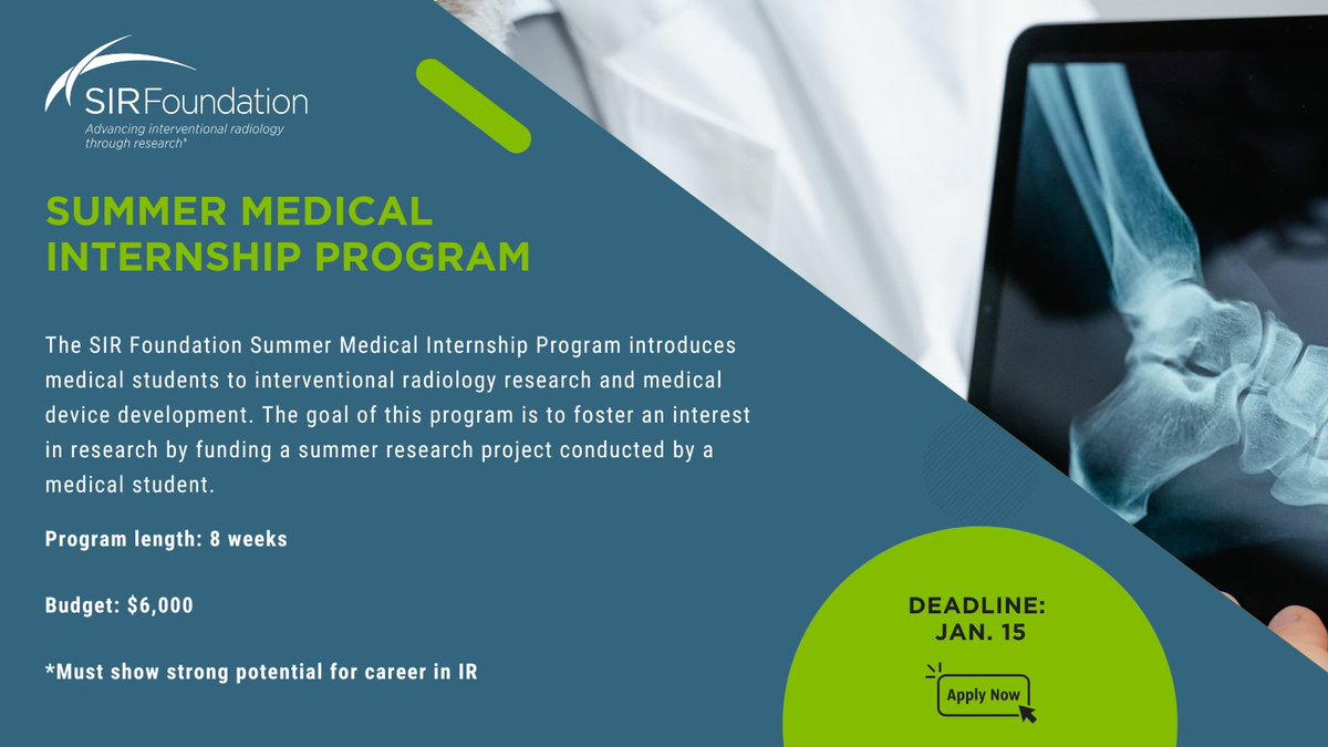 #SIRFoundation: Are you a current Medical Student? The SIR Foundation Summer Medical Internship Program introduces medical students to #IRad #research and medical device development. Learn more: brnw.ch/21wFyDl