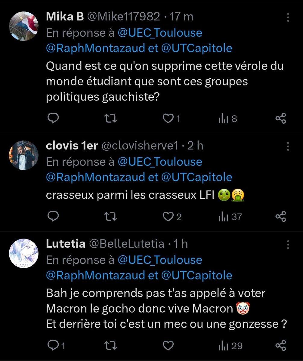 Déchaînement de haine contre mon organisation, <a href="/UEC_Toulouse/">UEC Toulouse</a>, et moi après ma prise de parole lors de l'AG de l'univers Toulouse Capitole contre la #LoiImmigration. 

L'extrême droite est en roue libre, sa récente "victoire ideologique" n'y est  sans doute pas pour rien.