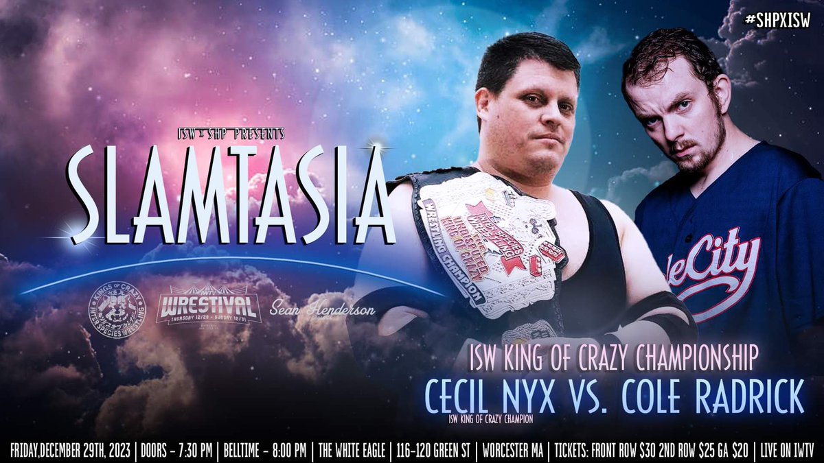 1 WEEK AWAY! ISWxSHP Slamtasia on Friday December 29th in Worcester MA 8 MASSIVE MATCHES! Wrestival Weekend! Scotty Vortekz Returns! Friday December 29th The White Eagle Worcester MA Doors at 7:30pm Bell at 8pm LIVE ON IWTV Tix FR $30 2ndR $25 GA $20 shopiwtv.com/collections/ti…