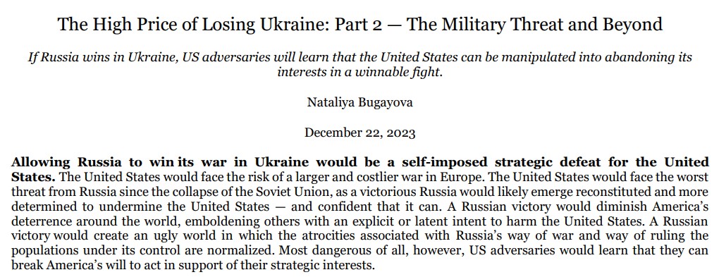 NEW: Putin needs the US to choose inaction in Ukraine, otherwise Russia cannot win. If Russia wins in Ukraine, @nataliabugayova says in a new essay, US adversaries will learn that America can be manipulated into abandoning its own interests in a winnable fight. Thread (1/6):