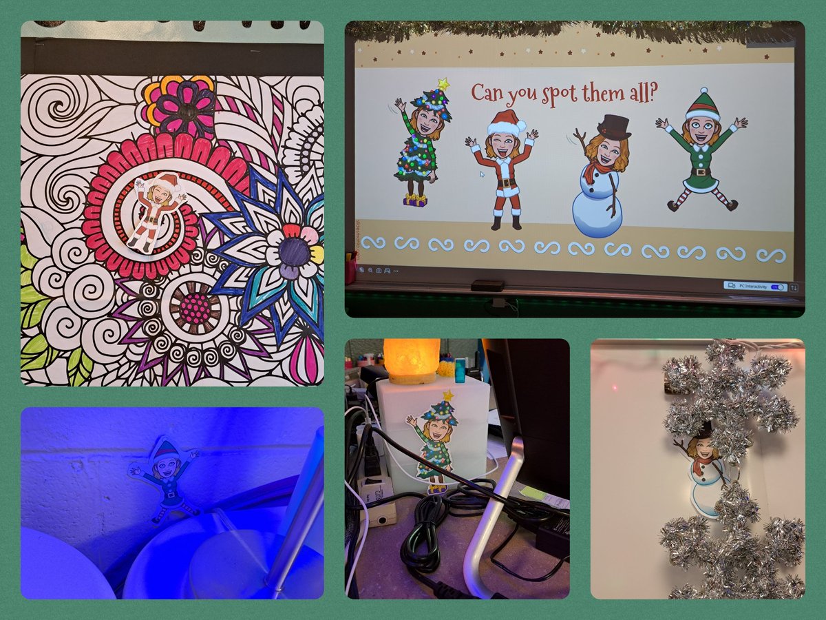 Some fun that got us to winter break: "Christmas Tree Kerwin" hid somewhere in the classroom each day. And for a finale, she was joined by some other costume Kerwins. Greatest game of I Spy 😆