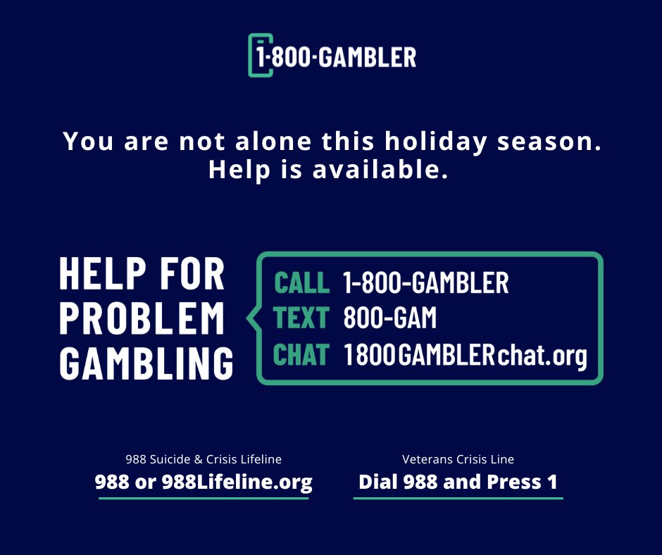 Navigating the holiday season can be difficult for some people. If you or someone you care about is struggling with a gambling problem, you’re not alone. Call or text 1-800-GAMBLER or visit 1800gamblerchat.org for confidential, 24/7 help.