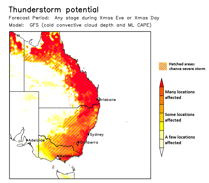 One of the most potent severe t/storm setups I've seen for a while is looming for the eastern states in the coming days.
While not everyone is going to get a nasty storm, supercells will be possible &amp; even the risk of a tornado somewhere. Map covers the xmas eve/xmas day period