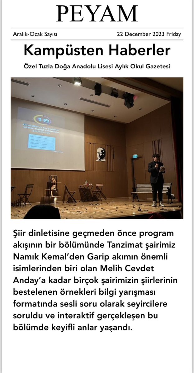 Özel Tuzla Doğa Anadolu Lisesi edebiyat zümresi şiir dinletisi düzenledi. Haberin devamını aylık dijital okul gazetemizden okuyabilirsiniz. padlet.com/64j7qvghfg/ahe… @Emrahozcan6785