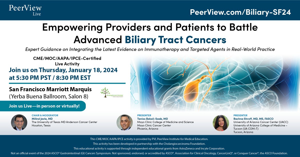 Learn strategies to develop individualized treatment plans for your patients with advanced BTCs on January 18th at 5:15 PM PST during #GI24, with experts @JavleMilind, @GIcancerdoc, & @rachnatshroff, and our partner, @curecc! bit.ly/BiliarySF24T #MedEd #BiliaryCancer