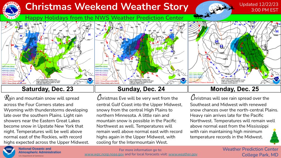 Here's a look at weather conditions through Christmas. A significant storm system will create hazardous travel Sat & Sun from the Rockies through the High Plains & down to the Gulf Coast. Winter weather may linger in the central/northern Plains. Stay safe & have a happy holiday!