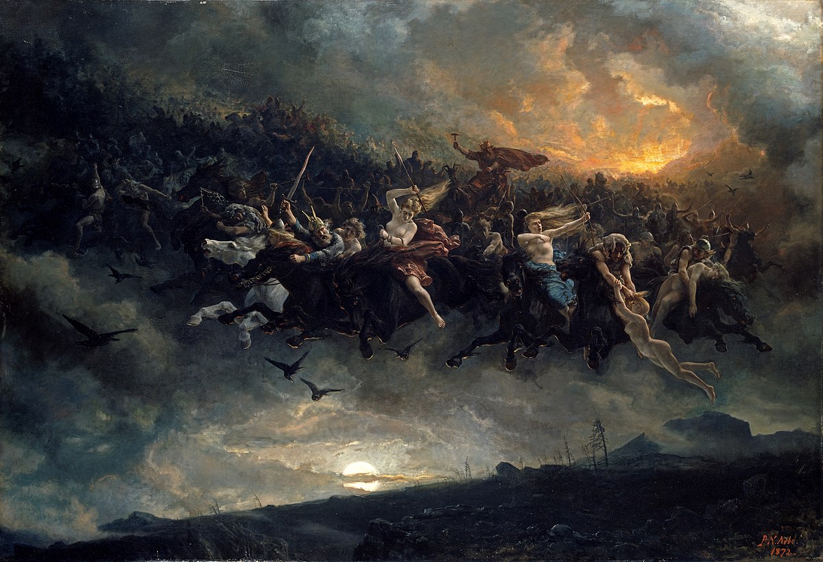 During Yule,Odin was believed to lead a host of deities on a ‘wild hunt’ across the night sky,which would carry  away the souls of the dead along with members of the living if they strayed too far from the hearth at night stneotsmuseum.org.uk/articles/yule-… 🎨Peter Nicolai Arbo #GothicAdvent