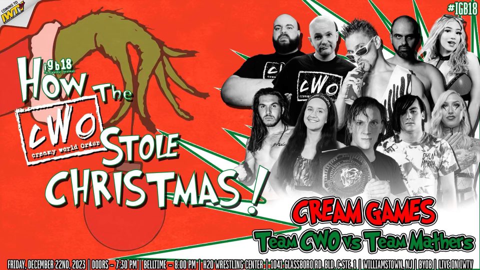TONIGHT! CREAM GAMES! My Team vs CWO! Twas about 3 days before Christmas and team Marcus kicked CWO’s asses all over the center and took them out for good. H20 Wrestling Center 1041 Glassboro Rd Williamstown, NJ Doors 7:30pm Bell 8pm Ticket info: Front Row $30 GA $25