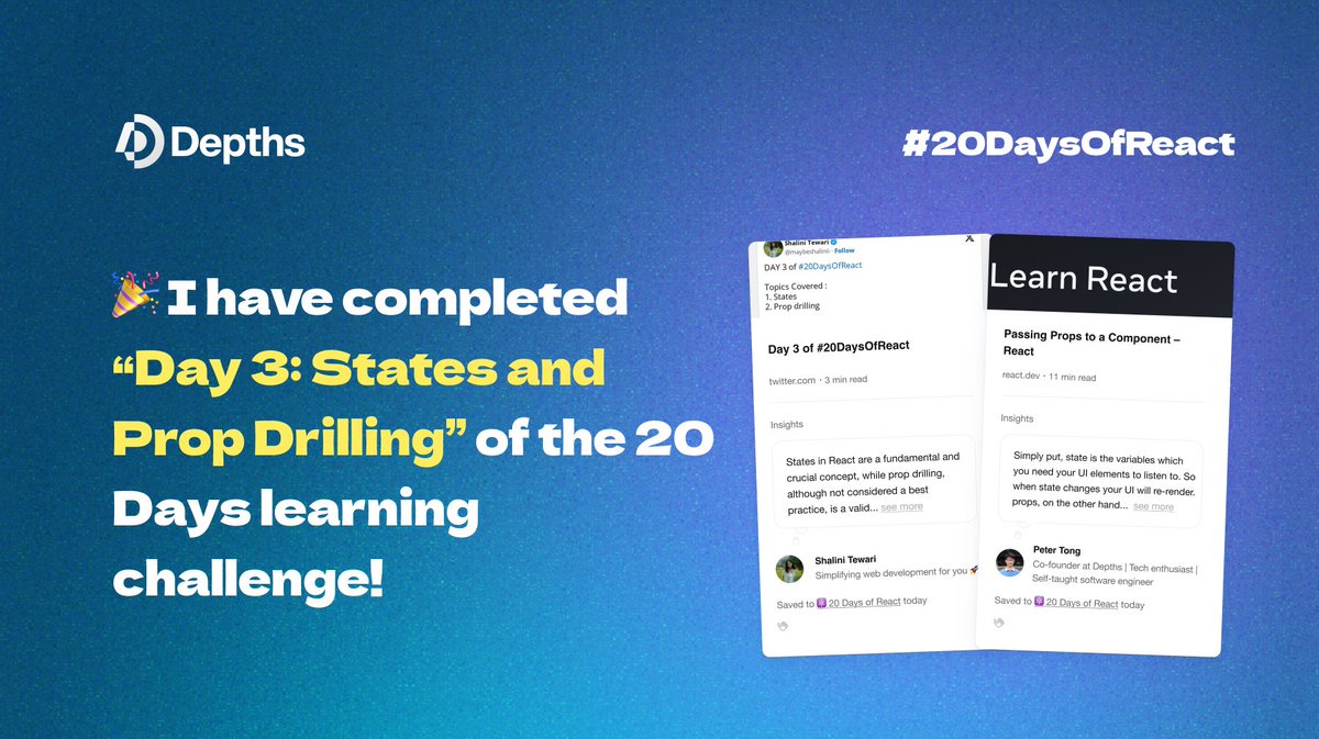 I have completed Day 3: States and Prop drilling of the 20 Days React Learning challenge! 🎉 

Check out the challenge and learn with me together: depths.so/events/20DaysO… 

#20DaysOfReact