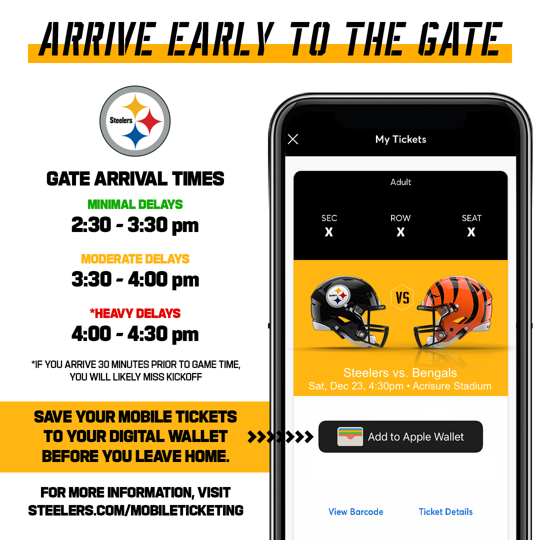 We’re asking fans to arrive early & prepared for Saturday’s #Steelers game! Have your mobile tickets downloaded to your digital wallet & transfer tickets to your guests so everyone has their own ticket saved to their mobile device. More details: bit.ly/3paZSQn