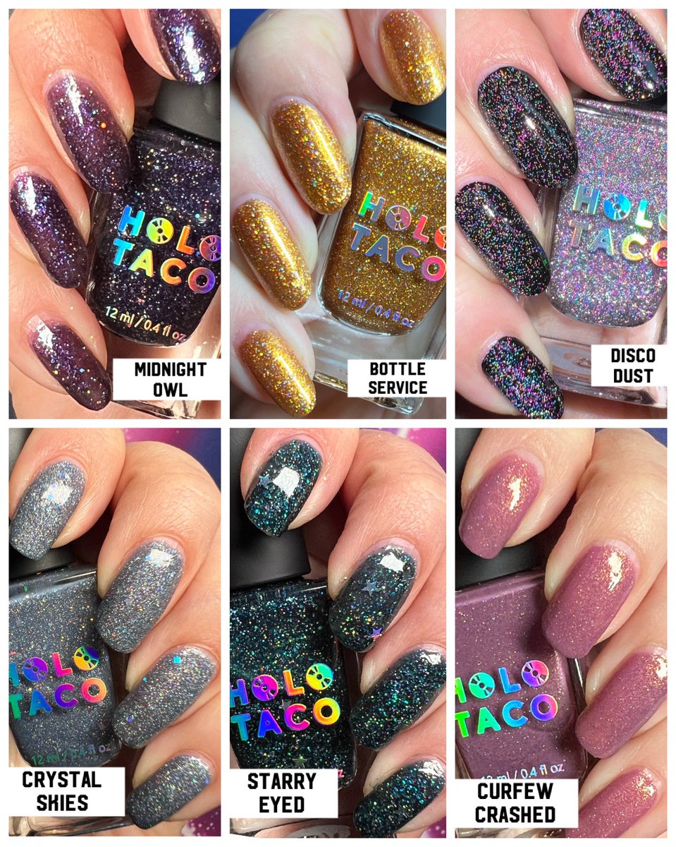 The After Party Collection 💅🏻 @nailogical @holotaco #CurfewCrasher #MidnightOwl #BottleService #StarryEyed  #CrystalSkies #DiscoDust 
#HoloTaco #melsnails #Swatch