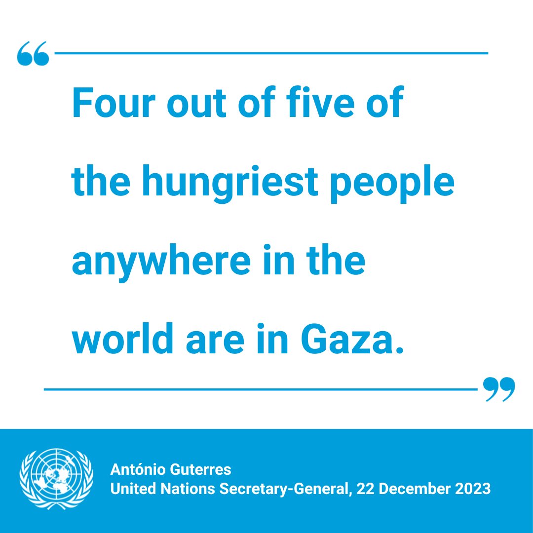 “4 out of 5 of the hungriest people anywhere in the world are in Gaza.” – @antonioguterres on @WFP warning that widespread famine looms in Gaza, where more than half a million people are facing what experts classify as catastrophic levels of hunger. un.org/sg/en/content/…