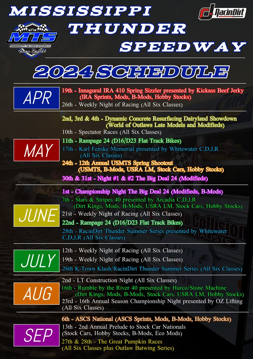 Here is the 2024 schedule for MTS! There are a few sponsor nights that we are working on yet and hope to announce them in the near future. We hope everyone is as excited for 2024 as we are! Have a very Merry Christmas and also make sure to checkout the new MTS website!