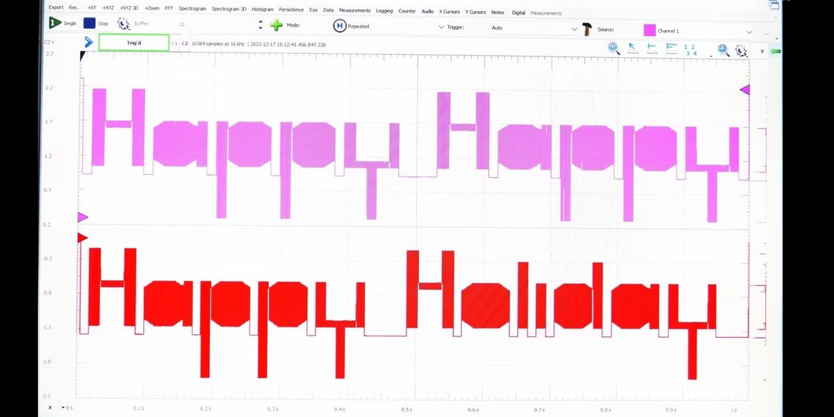 E14Community's tweet image. Doug used waveform generators to display a holiday message on an oscilloscope screen: a #MulticompPro MP750511 and a @DigilentInc Analog Discovery 3: bit.ly/3tiJWRP #HolidaySpecial #Project14