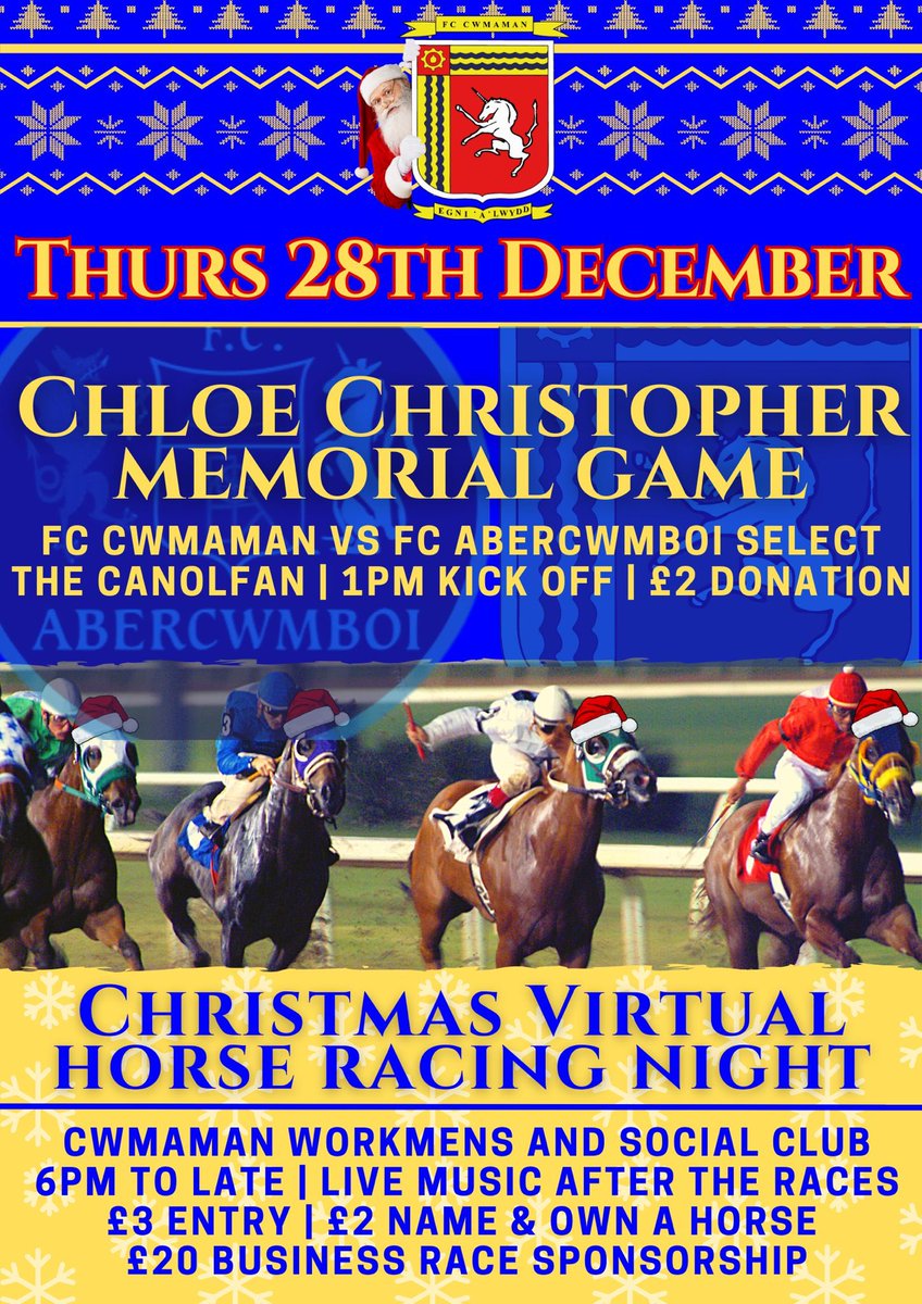 Please come along on the 28th to support the Chloe Christopher Memorial game, who is remembered by all of us 💙💛
Then an evening of live music and our annual Horse Racing Night ⚽️🏇🏻