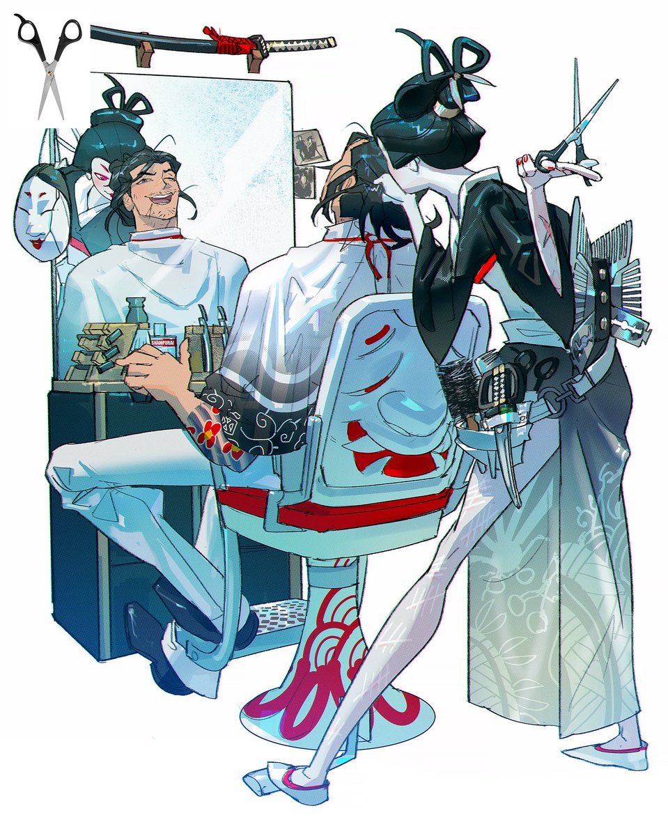 scissors comb black hair mask sitting sword white pants  illustration images