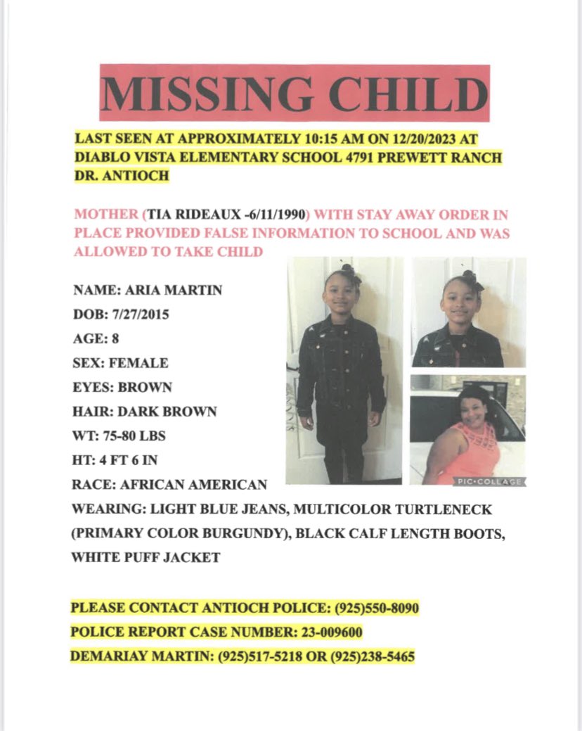 Missing child, last seen in Antioch. Please contact Antioch Police with any information or sightings