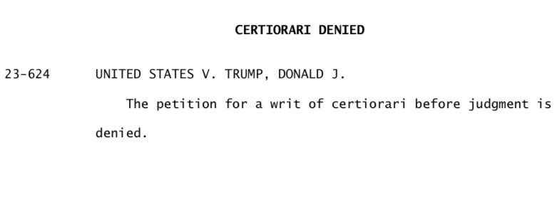 SCOTUS denies Jack Smith's request for cert before judgment. Headed to @allinwithchris with @chrislhayes to discuss! Tune in @MSNBC!