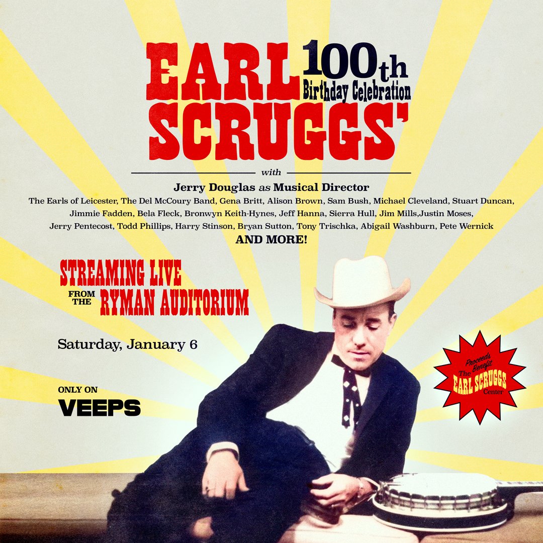 If you can’t make it to Nashville for the Earl Scruggs 100th Birthday Show on Jan 6, this show is going to be livestreamed on VEEPS. This will be a one-time only live broadcast. Sign up for livestream access here: veeps.com/earlscruggs100

Proceeds benefit The Earl Scruggs Center