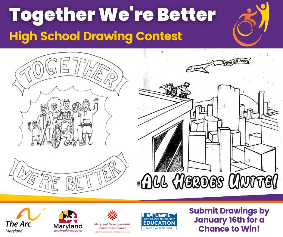 MD high schoolers can win prizes for themselves & their schools by joining our Coloring Book Drawing Contest! Show what inclusion means to them to be featured in our Together We're Better Coloring Book for younger students in MD! Submit drawings by 1/16 at thearcmd.org/programs/twb/h…