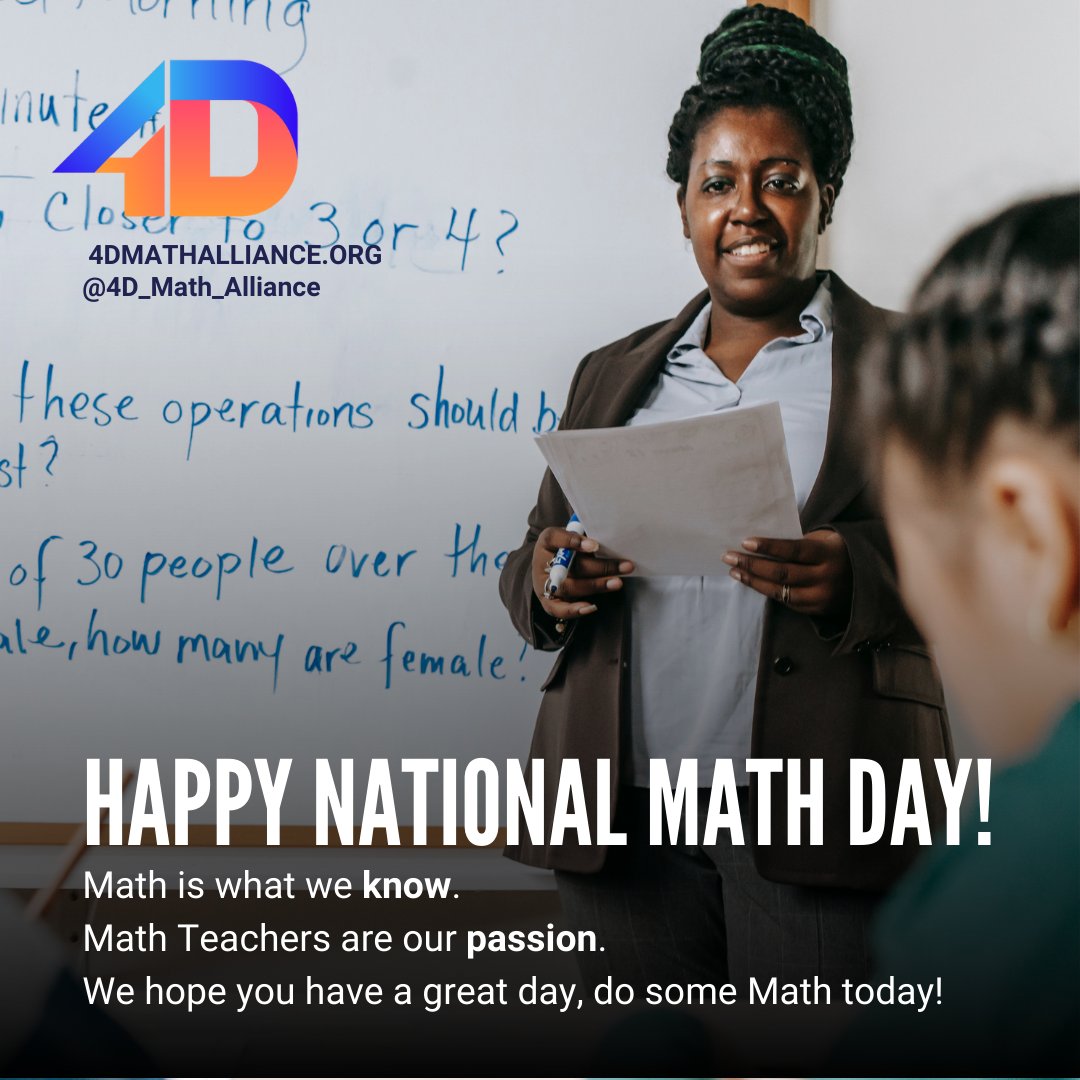 Happy #NationalMathDay ! 4D Math Alliance loves #math.  Our passion is providing #mathteachers with supportive mentorship so all students can learn math.

#4DMA #community #cocreation #mathteachers #mentor #equity #happy #celebrate #math #mathrules #matheducation #mathmatters