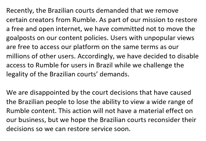 I will not be bullied by foreign government demands to censor Rumble creators. My statement on turning off Brazil.