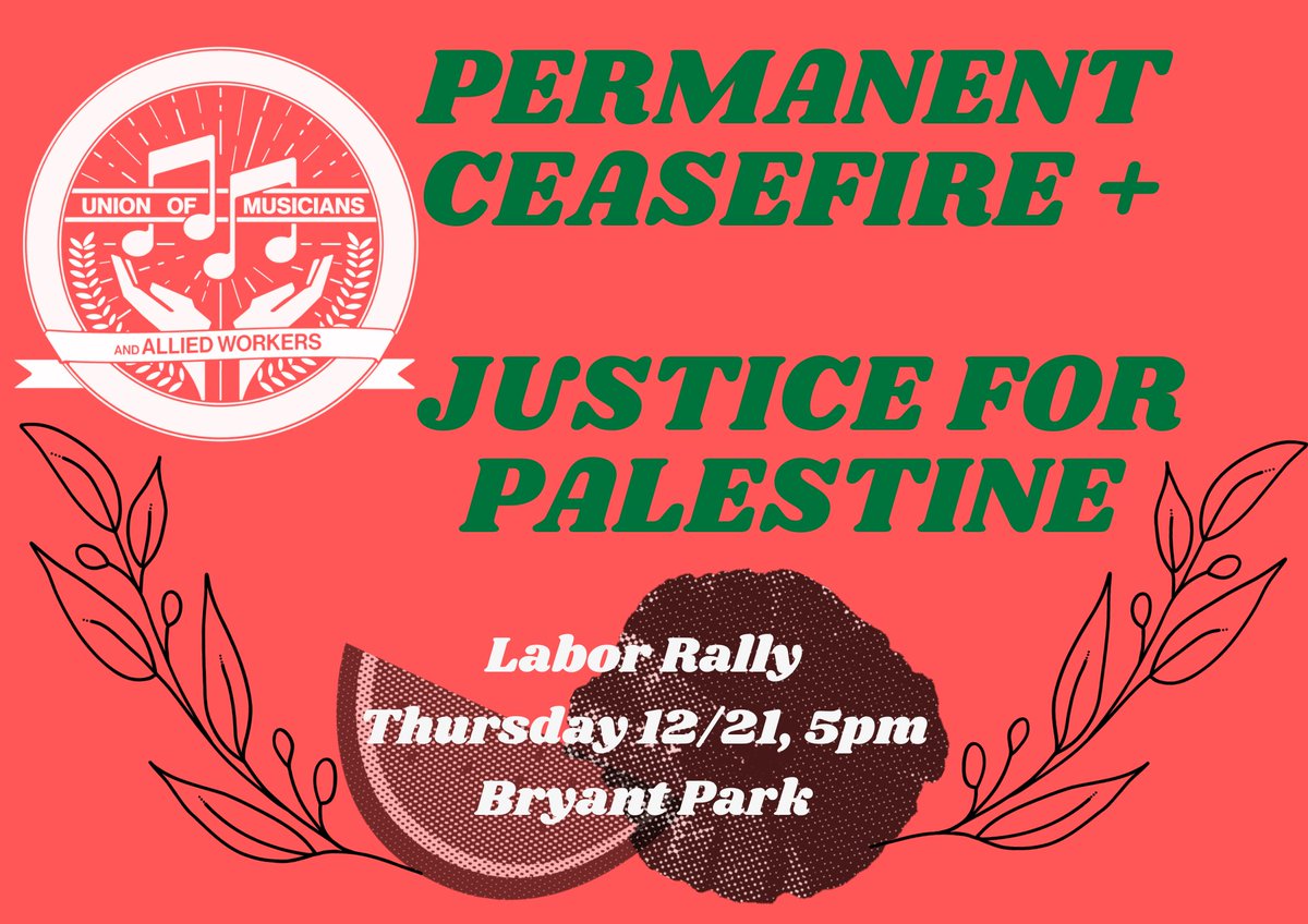 Labor demands a ceasefire and justice for Palestine! Join UMAW and tons of other labor and community groups at tomorrow, Dec 21, at 5pm in NYC at Bryant Park. actionnetwork.org/events/music-w…