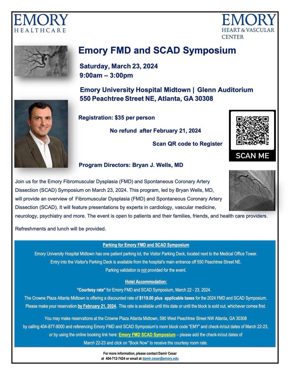 Join Dr @wellsbryanj for the @emoryhealthcare FMD and SCAD symposium Saturday March 23, 2024. Open to patients, their friends and family as well as healthcare providers. Scan the QR code for registration #fmd #FibromuscularDysplasia #scad #SCADheart