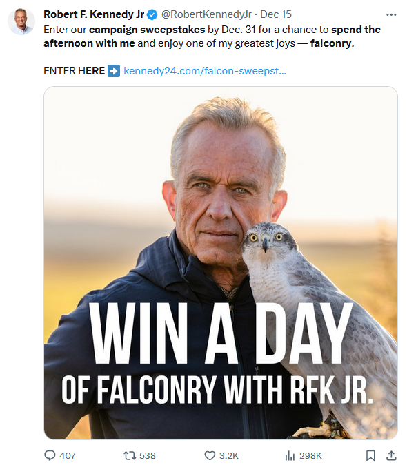 RFK Jr. has been offering sweepstakes for falconry excursions for over a decade now