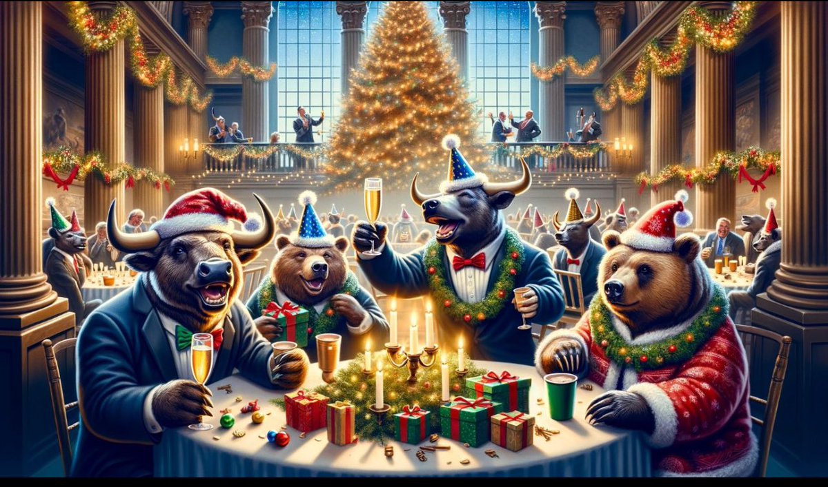 AI Generated Image of Bulls and Bears at a Holiday Party 🎉 🎄 
#stockmarketcrash #stockmarkets #Daytrader #StockMarketNews #ATH #SantaClauseRally #LetsTalkAboutIt #MerryChristmasCarats