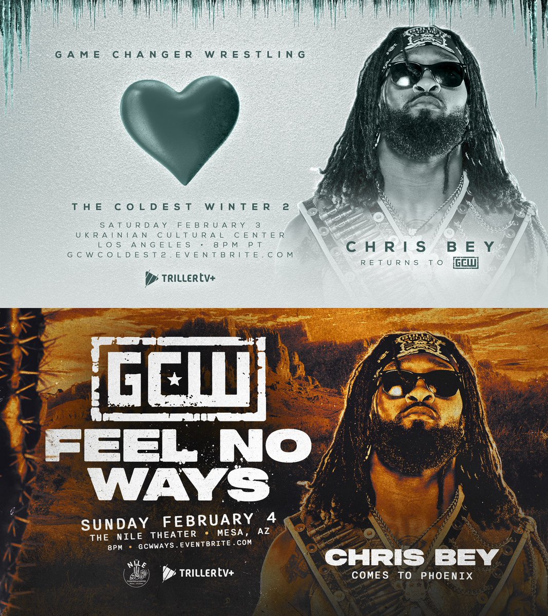 *BREAKING* CHRIS BEY returns to GCW on February 3rd and 4th in LA and PHOENIX! *2/3 - Los Angeles* GCWCOLDEST2.EVENTBRITE.COM *2/4 - Phoenix* (Tix go on Sale Friday 12/22) Watch LIVE on @FiteTV+