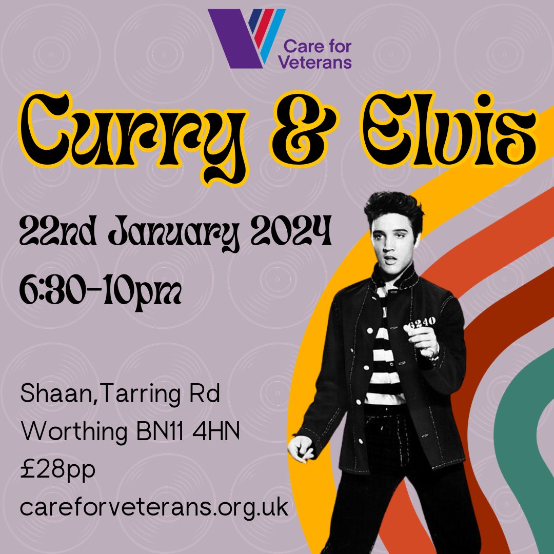 Spice Up Your Night with Curry and Elvis! Join us at the award-winning Shaan Restaurant for a delectable 2-course curry meal and live performances by the sensational Suspiciously Elvis. To book, visit our website: careforveterans.org.uk/events/curry-e…