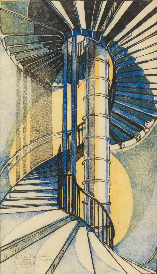 Cyril Power (British, 1872-1951) The Tube Staircase, 1929 Linocut printed in yellow, cobalt blue and black on thin oriental laid paper.