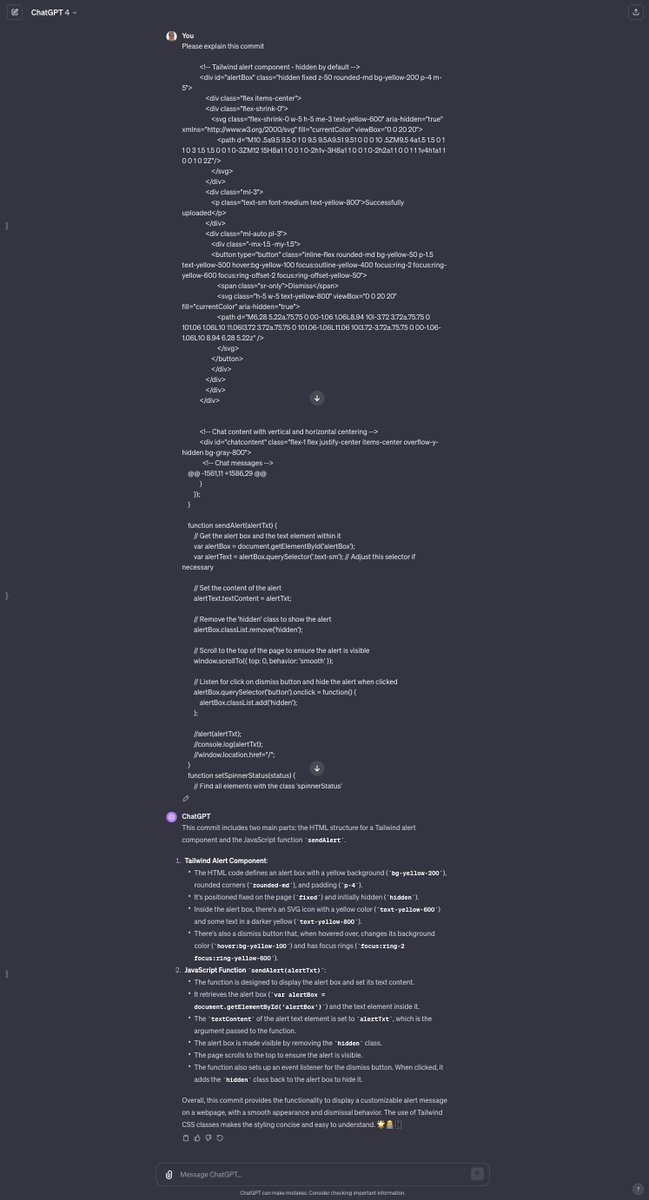sullrich's tweet image. Recently have started to run all commits through ChatGPT.  Check out how useful this is!  Hopefully github will automatically do this!