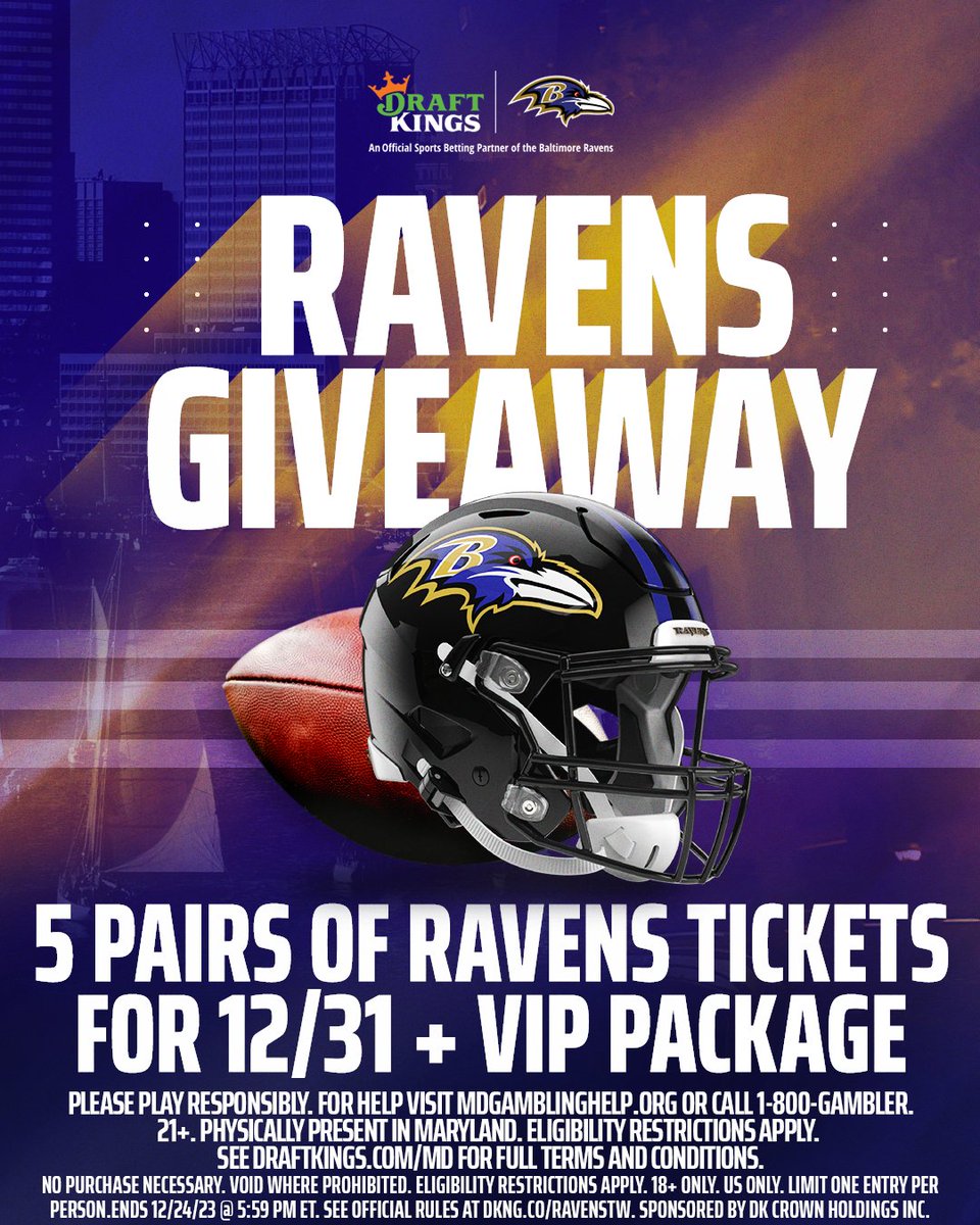 DraftKings Sportsbook (@dksportsbook) on Twitter photo HEY MARYLAND WE HAVE A HOLIDAY SURPRISE FOR YOU π
We're giving FIVE lucky followers tickets to the <a href="/Ravens/">Baltimore Ravens</a> game on 12/31! To enter, simply:
1. Follow <a href="/DKSportsbook/">DraftKings Sportsbook</a>
2. Retweet this tweet.
5 WINNERS. 2 TICKETS EACH. RULES: dkng.co/RAVENSTW HEY MARYLAND WE HAVE A HOLIDAY SURPRISE FOR YOU π
We're giving FIVE lucky followers tickets to the <a href="/Ravens/">Baltimore Ravens</a> game on 12/31! To enter, simply:
1. Follow <a href="/DKSportsbook/">DraftKings Sportsbook</a>
2. Retweet this tweet.
5 WINNERS. 2 TICKETS EACH. RULES: dkng.co/RAVENSTW