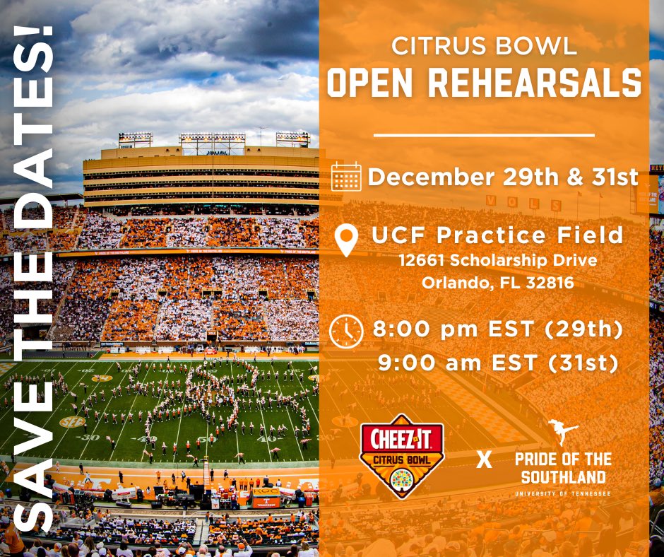 Heading to the @citrusbowl next week? We would love to see you at one of our open rehearsals at the UCF Practice Field! Join the Pride December 29th at approximately 8:00pm when we rehearse as soon as we get into town! You can also catch the Pride on New Year’s Eve at 9:00am!