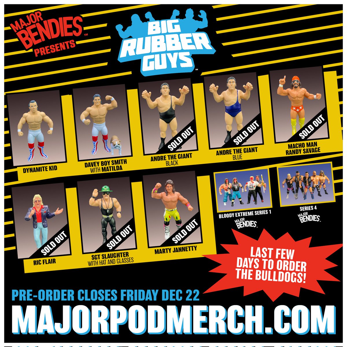Retro ad design! Featuring Big Rubber Guys series 5! The Bulldogs will be available for pre-order until Friday at Majorpodmerch.com! It's not too late to get in on this line... Phenomenal line-up in 2024 too! #toydesign #graphicdesign #bigrubberguys #ttdwrestling