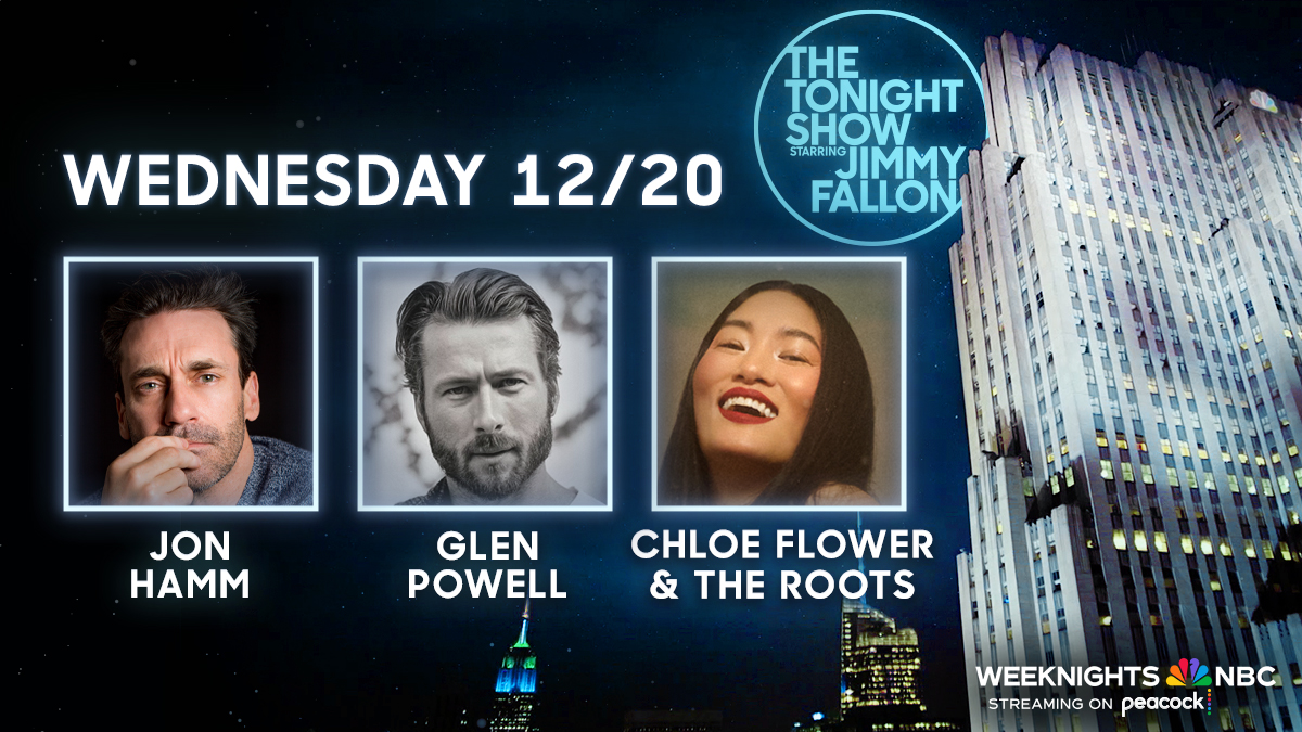 Check out our star-studded lineup! 🤩 🎄 12 Days of Christmas Sweaters 🎬 Jon Hamm 🎥 @glenpowell 🎶 Performance from @ChloeFlower & @theroots #FallonTonight