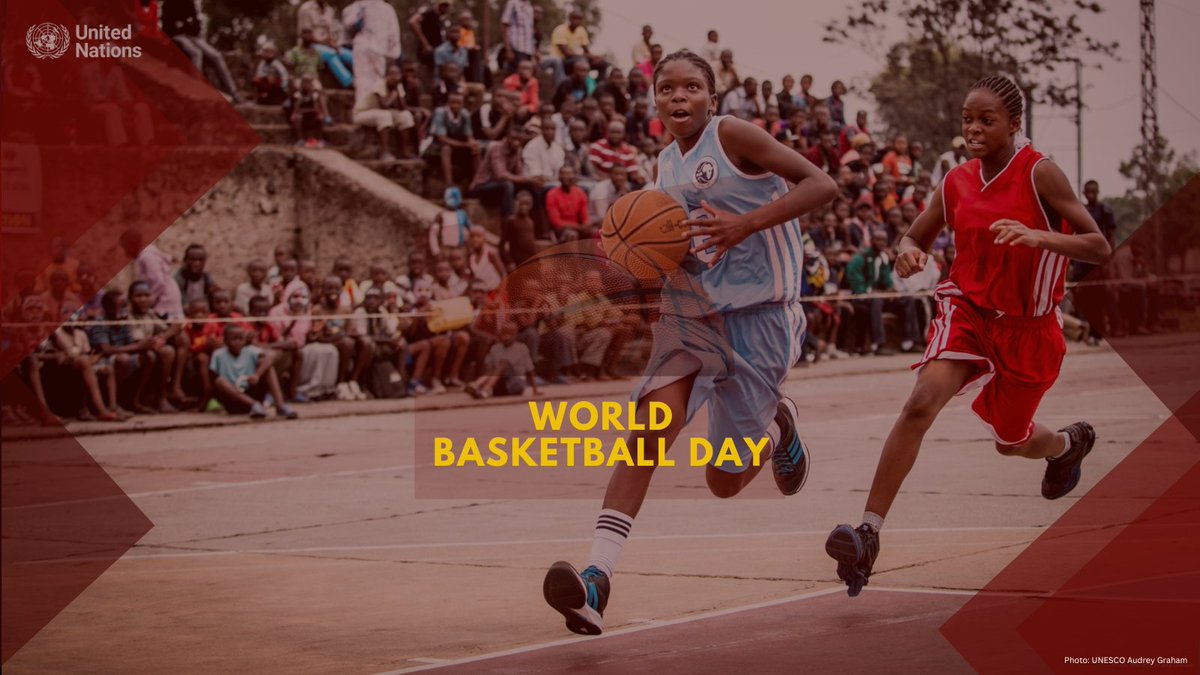 UN's tweet photo. Basketball promotes teamwork, discipline &amp; perseverance.

It can also help improve physical health &amp; inspire changes in behaviours &amp; perceptions.

Thursday is the first ever #WorldBasketballDay! 🏀

https://t.co/pzAqyepcac https://t.co/Ul1TaBz7ZK