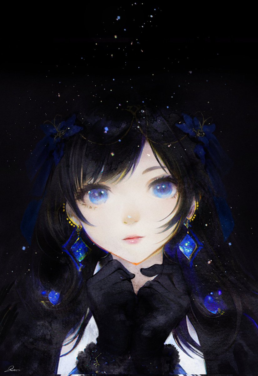 1girl solo blue eyes earrings jewelry black hair gloves  illustration images